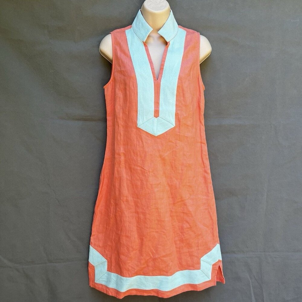 STS Sail to Sable Coral Pink Sleeveless Classic 100% Linen Mini Dress Shift Sz S